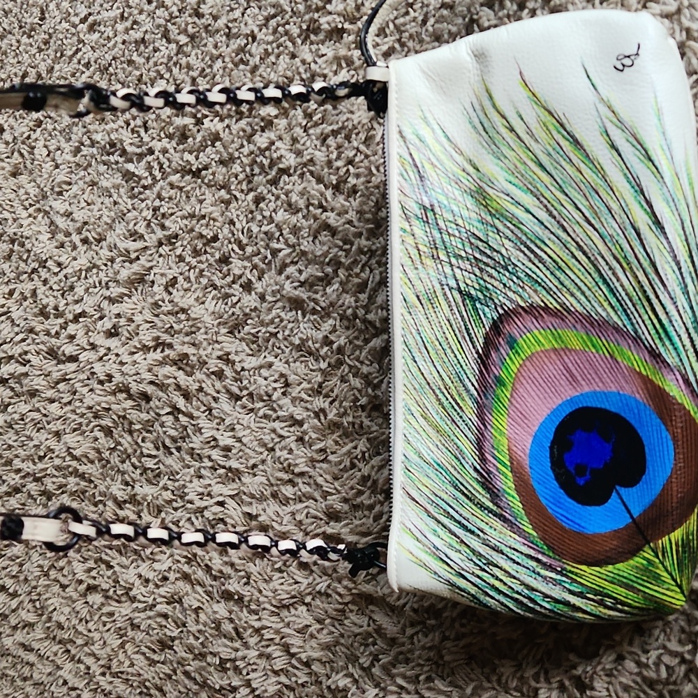 Elliott Lucca Peacock Feather Design Leather Women's Crossbody Bag - Picture 9 of 13